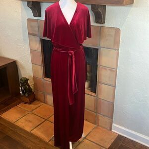 Alex Marie Red Velvet Faux Wrap Belted Wide Leg Jumpsuit, sizes 6 and 8